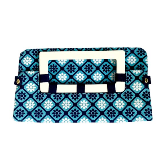 Old Navy Convertible Mediterranean Mod Flower Clutch Purse Bag Blue White Navy - Picture 2 of 13